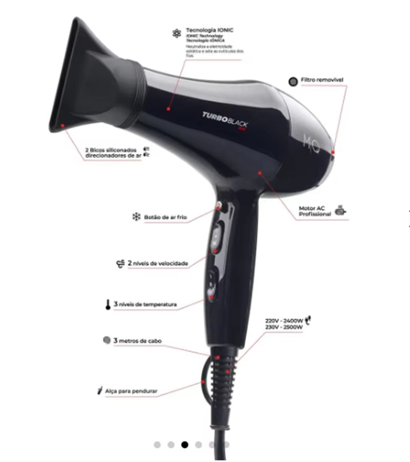 Sèche-cheveux professionnel 2500W Turbo Noir (220 Volts)