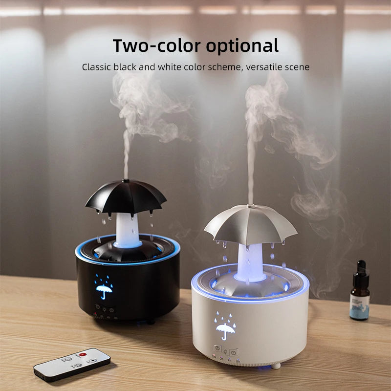 Humidificateur Cloud Rain et diffuseur d’huiles essentielles d’arôme avec télécommande, veilleuse et son de fontaine de bureau pour un usage domestique