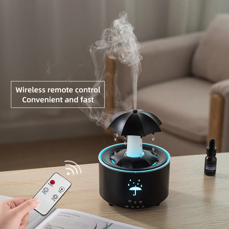 Humidificateur Cloud Rain et diffuseur d’huiles essentielles d’arôme avec télécommande, veilleuse et son de fontaine de bureau pour un usage domestique