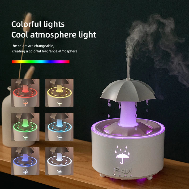 Humidificateur Cloud Rain et diffuseur d’huiles essentielles d’arôme avec télécommande, veilleuse et son de fontaine de bureau pour un usage domestique