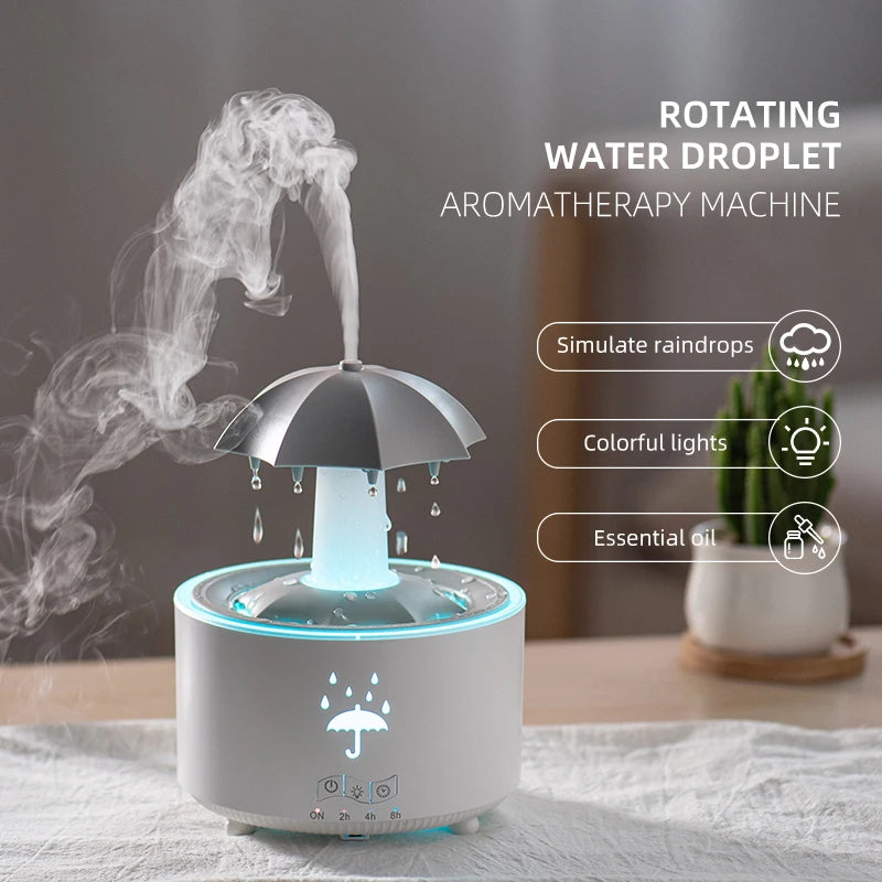 Humidificateur Cloud Rain et diffuseur d’huiles essentielles d’arôme avec télécommande, veilleuse et son de fontaine de bureau pour un usage domestique